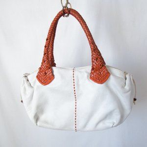 PAOLO MASI Italian Two-Tone Leather Braided Handle Pebbled White Leather/ Large